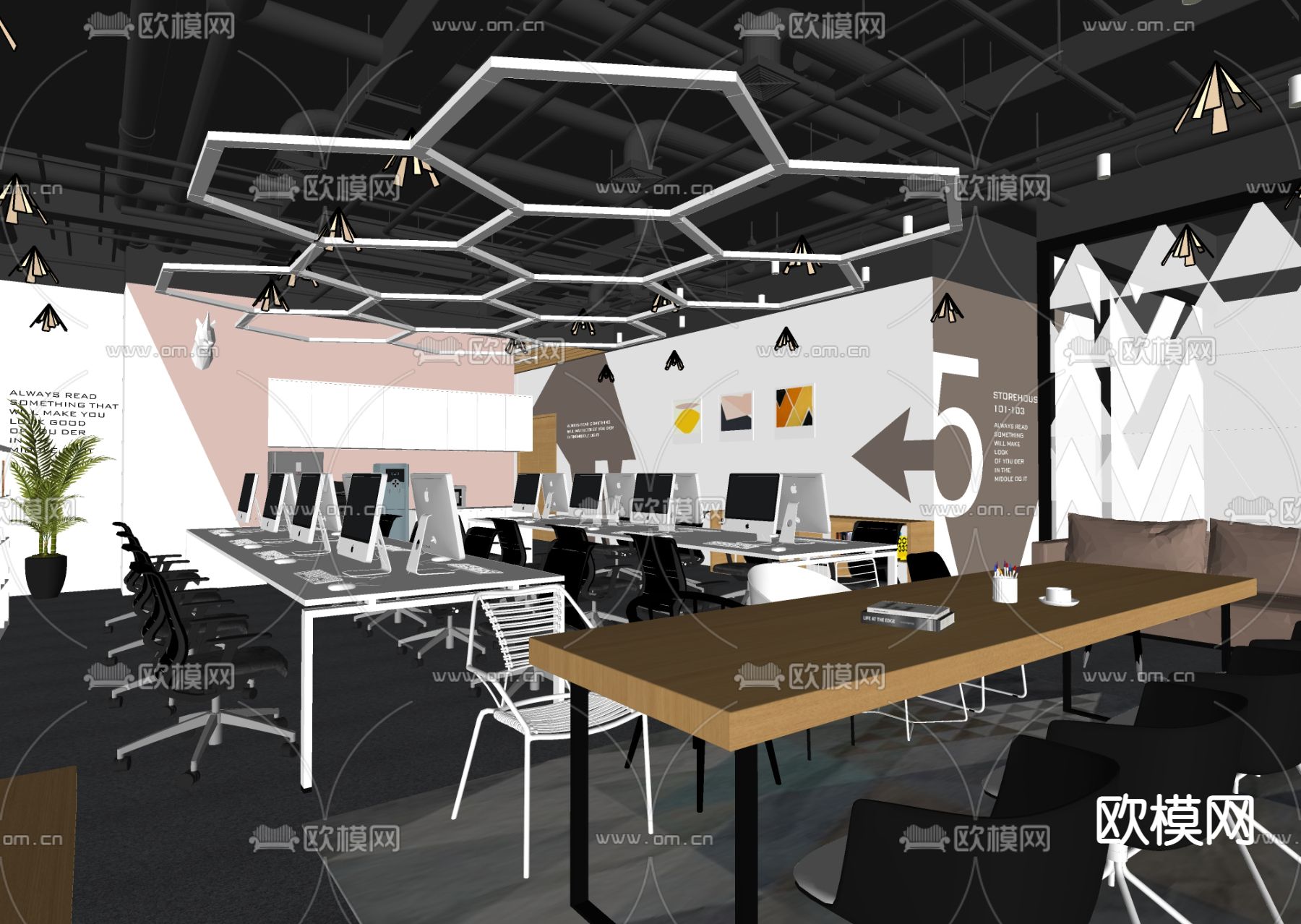 现代开放式办公区su模型下载（渲染图3）
