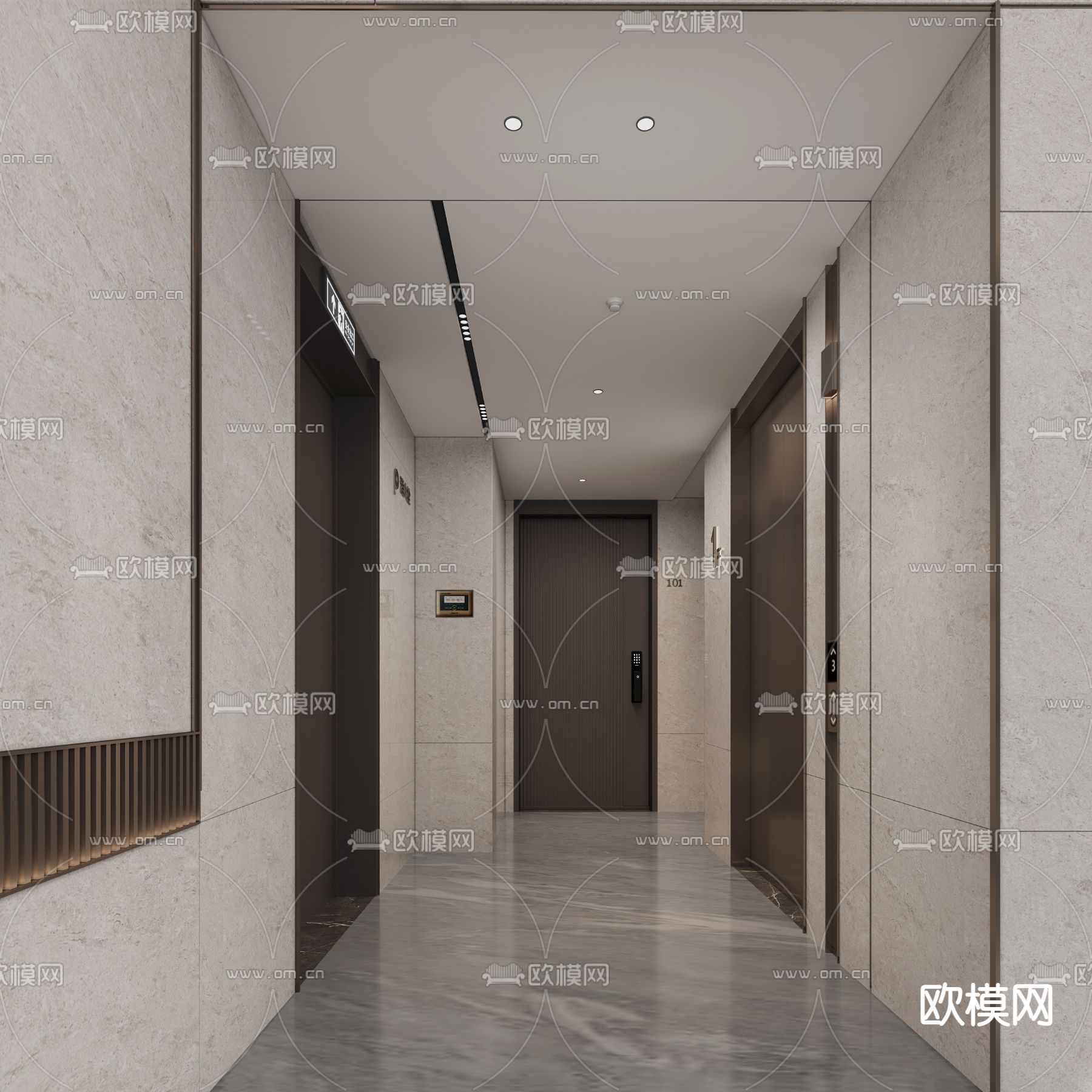 现代电梯厅3d模型下载（渲染图1）