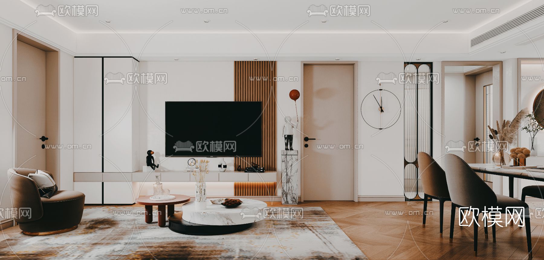 现代客厅餐厅3d模型下载（渲染图2）