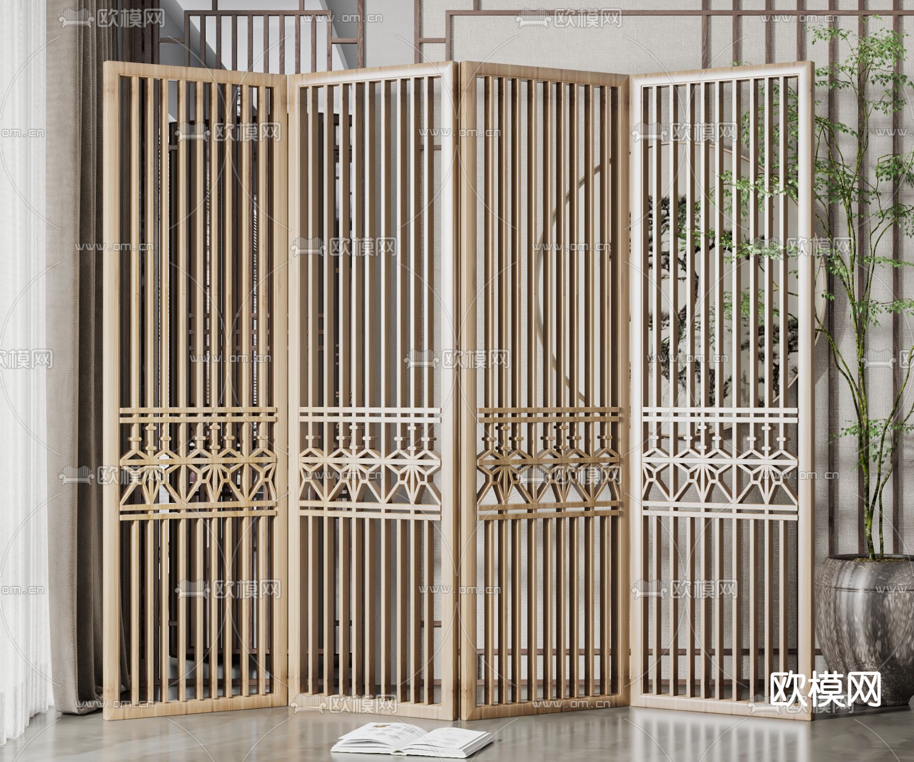 新中式折叠屏风隔断3d模型下载