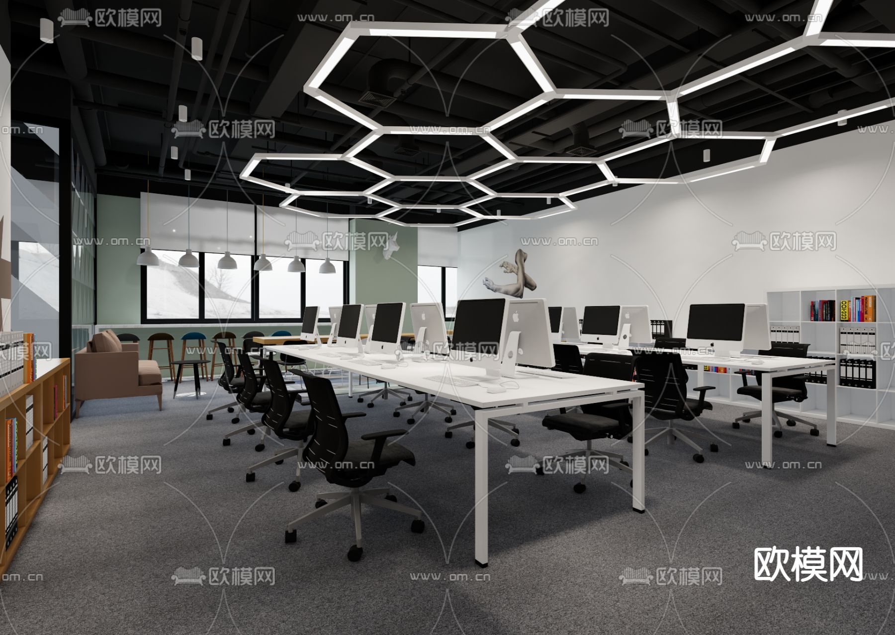 现代开放式办公区su模型下载（渲染图2）