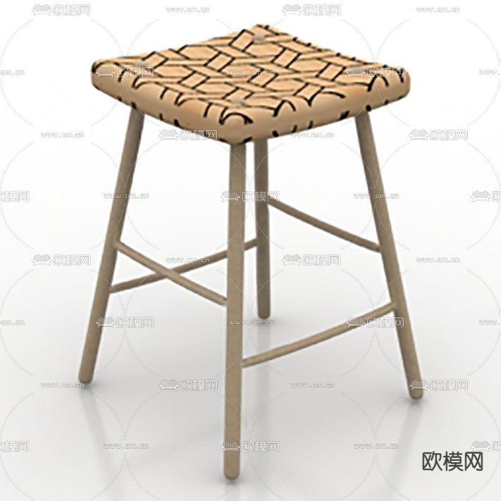 美式简约实木布艺凳子免费3d模型下载