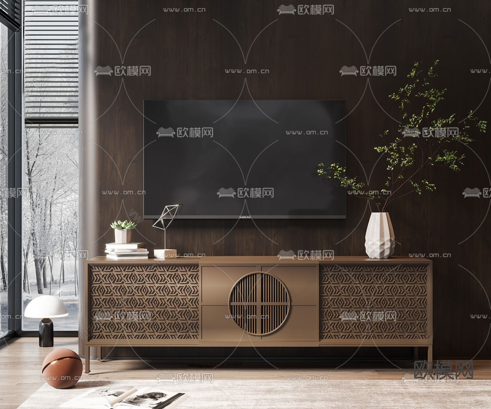 新中式电视柜su模型下载