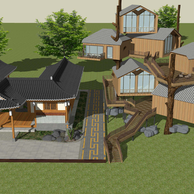  新中式旅游度假su模型 