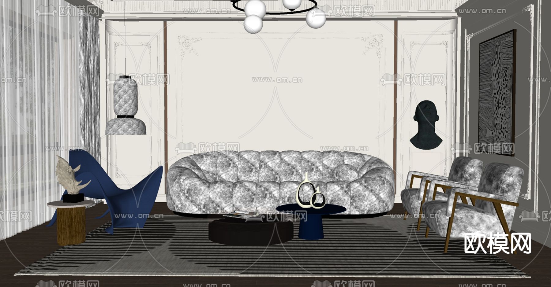 法式布艺沙发组合su模型下载（渲染图2）