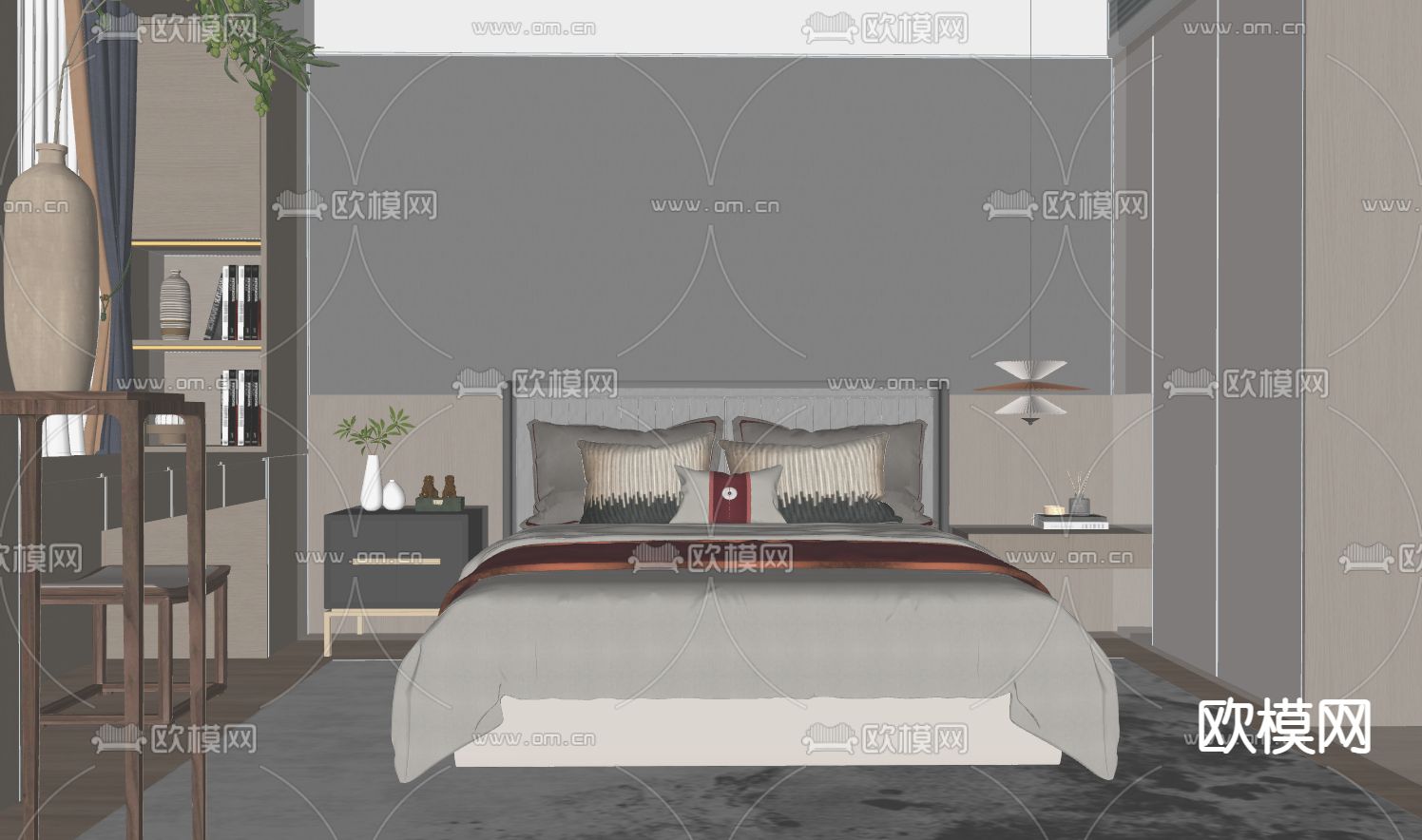 新中式卧室su模型下载（渲染图5）
