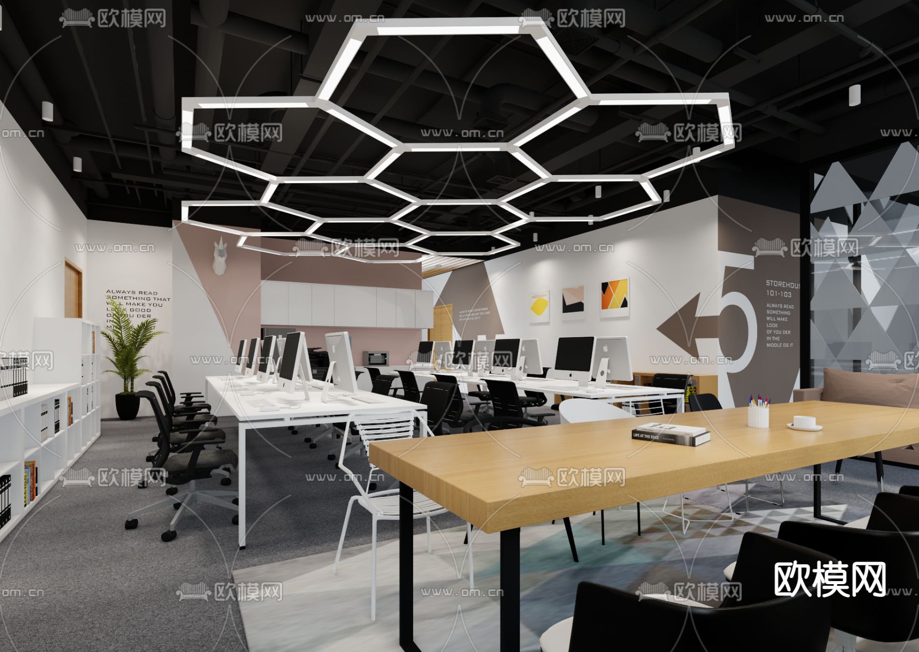 现代开放式办公区su模型下载（渲染图1）
