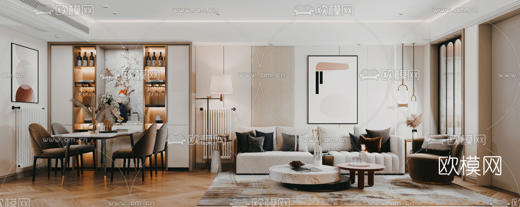 现代客厅餐厅3d模型下载（渲染图1）
