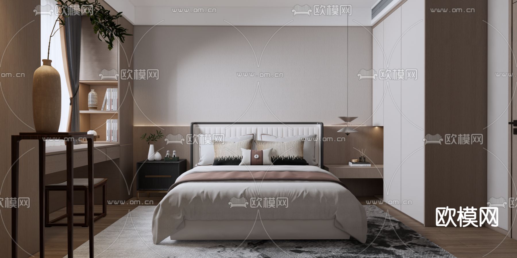 新中式卧室su模型下载（渲染图1）
