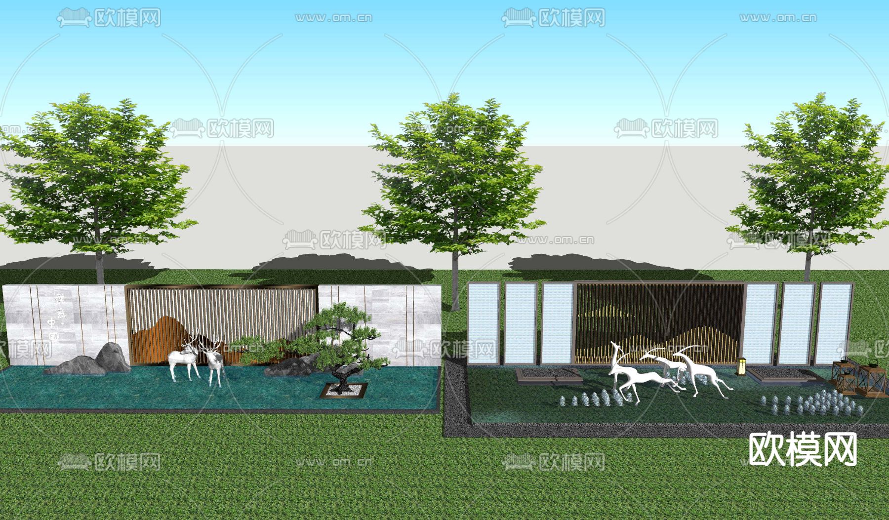 新中式山形水景景墙su模型下载
