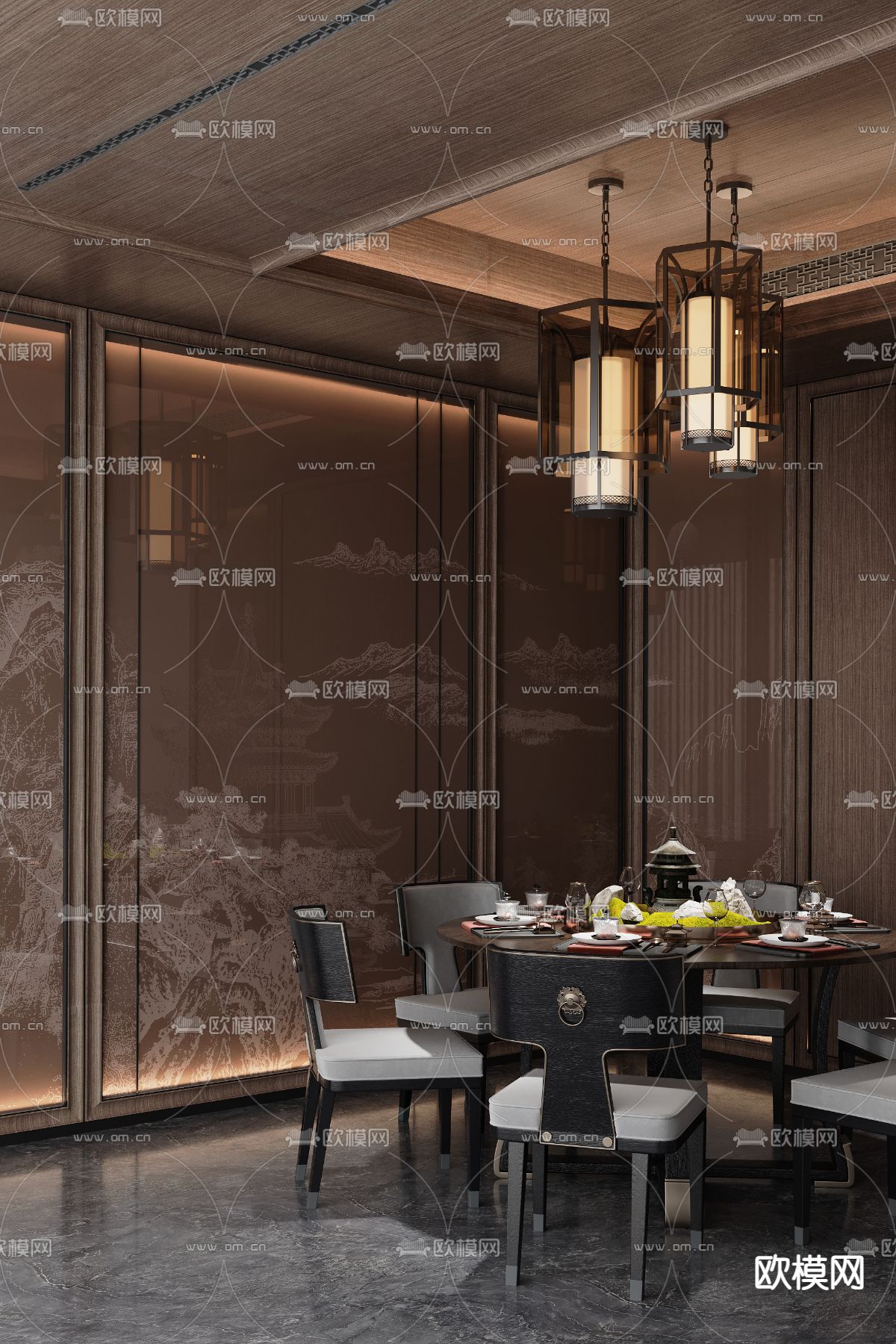 派尚设计 新中式餐厅包房3d模型下载（渲染图1）