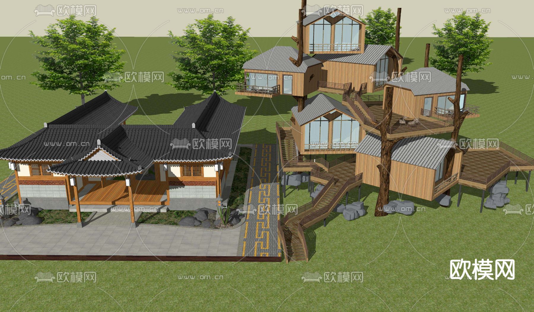 新中式旅游度假su模型下载