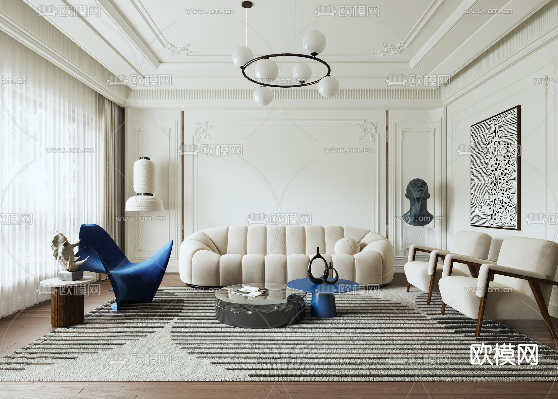 法式布艺沙发组合su模型下载（渲染图1）