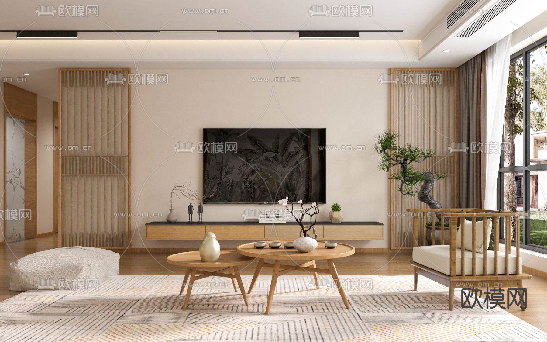 日式简约客厅3d模型下载（渲染图1）