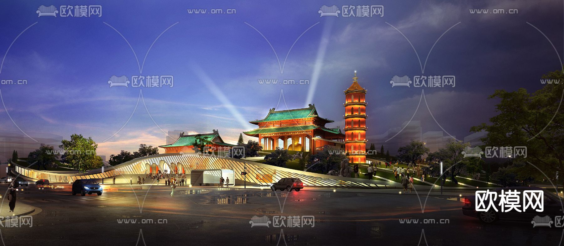 中式古建寺庙夜景3d模型