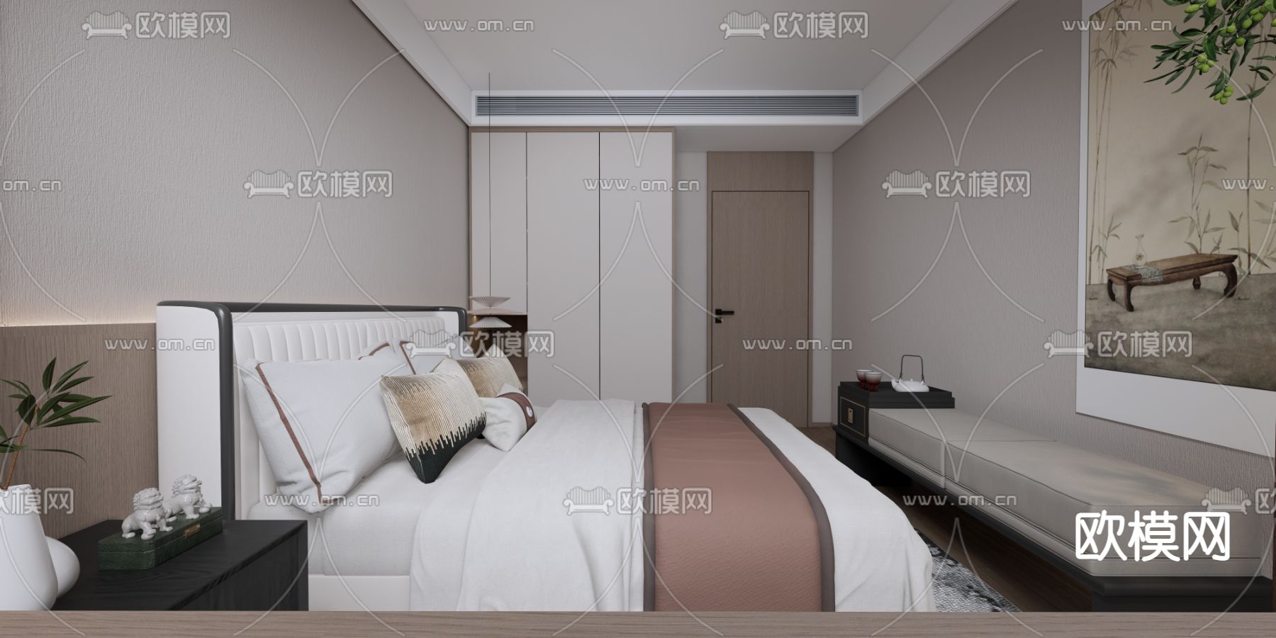 新中式卧室su模型下载（渲染图3）