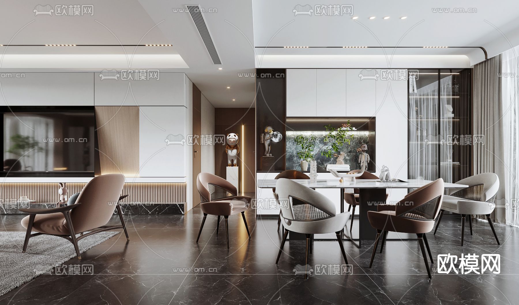 现代轻奢客厅餐厅3d模型下载（渲染图3）