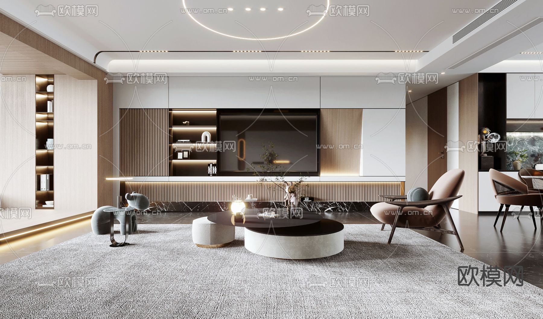 现代轻奢客厅餐厅3d模型下载（渲染图2）