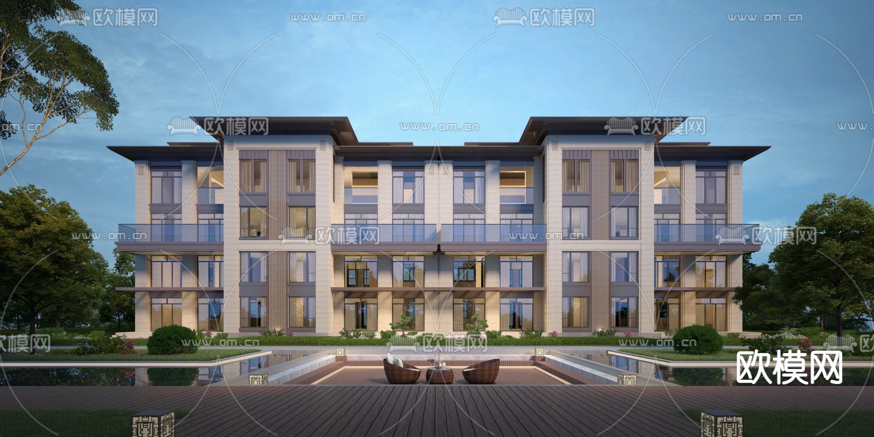 新中式双拼别墅外观3d模型下载