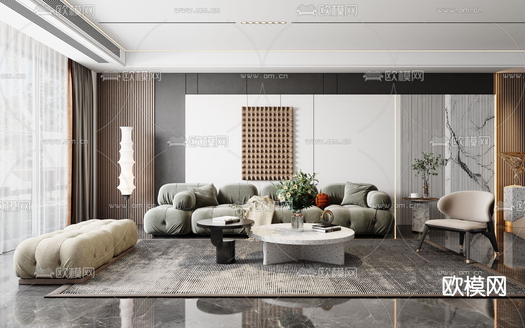 现代轻奢客厅餐厅3d模型下载（渲染图1）
