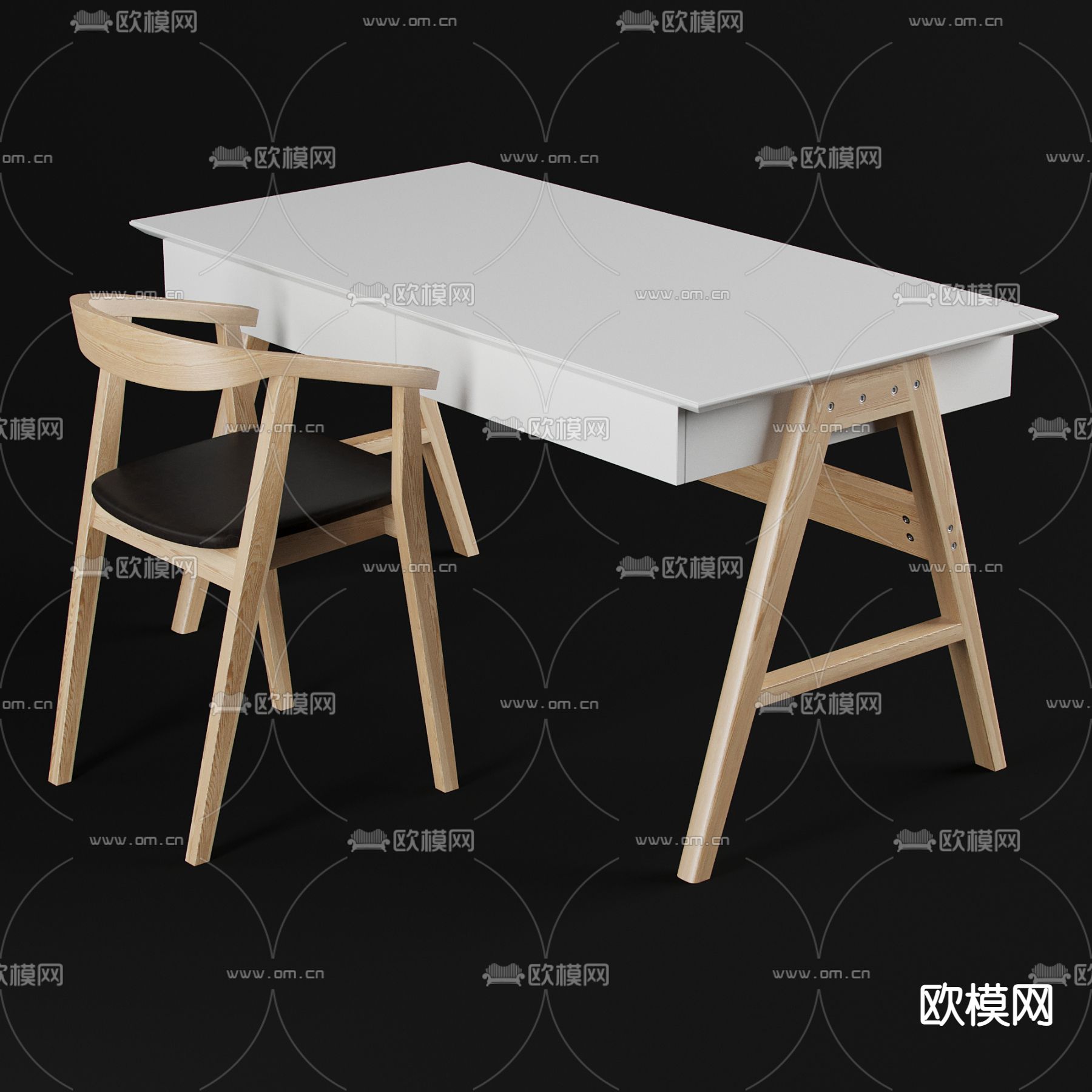 北欧实木书桌椅3d模型下载（渲染图1）