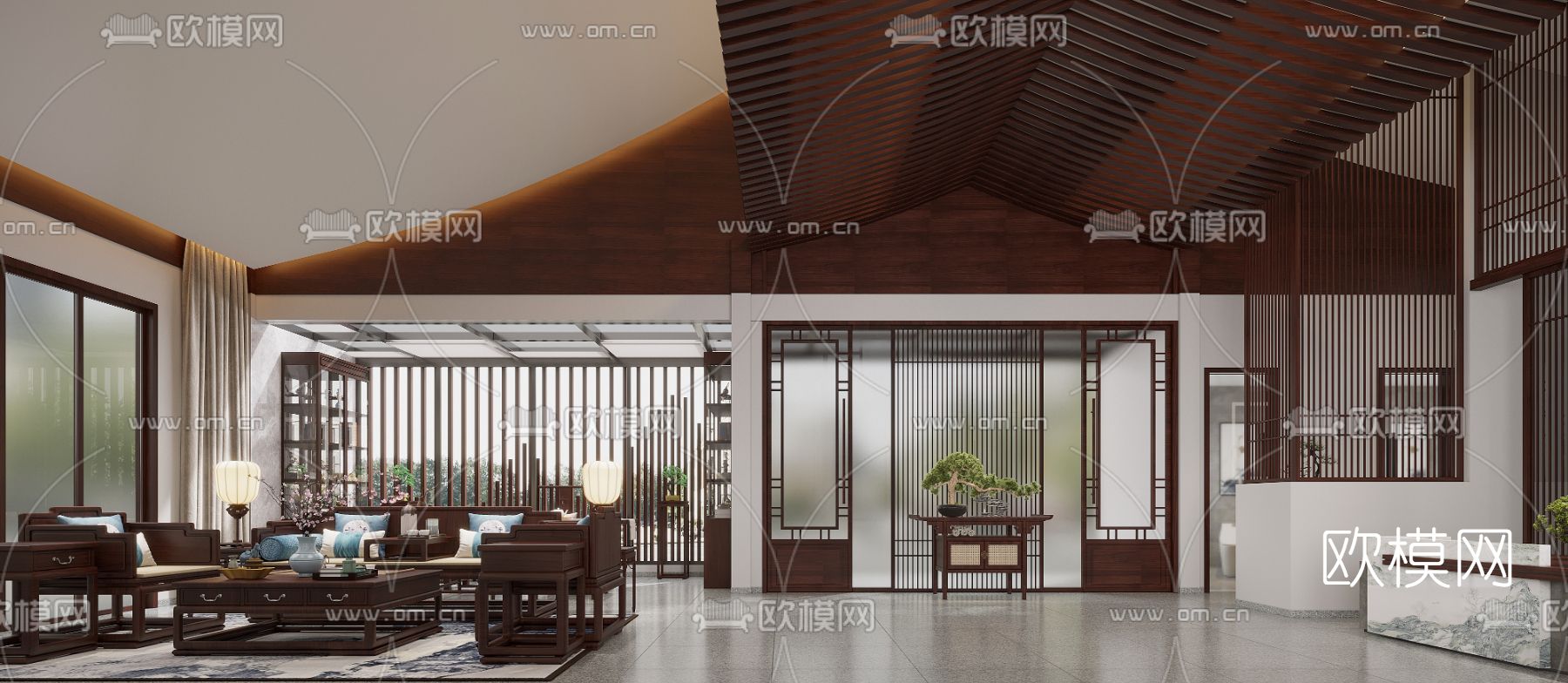 新中式酒店大堂前台免费3d模型下载（渲染图4）