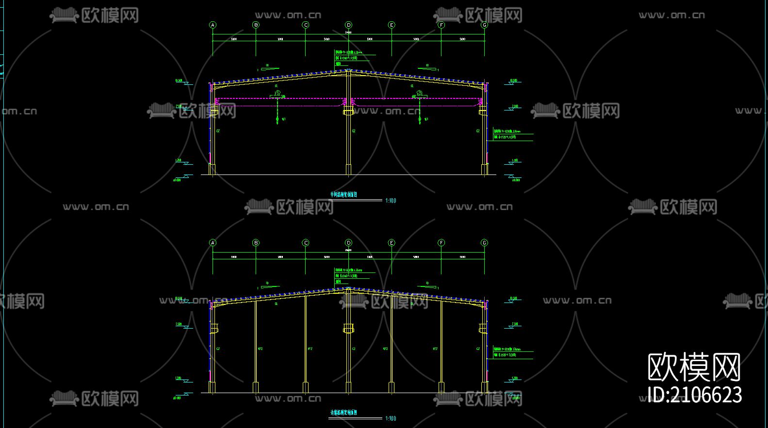 60米X32.6米钢结构工程cad施工图下载（渲染图2）