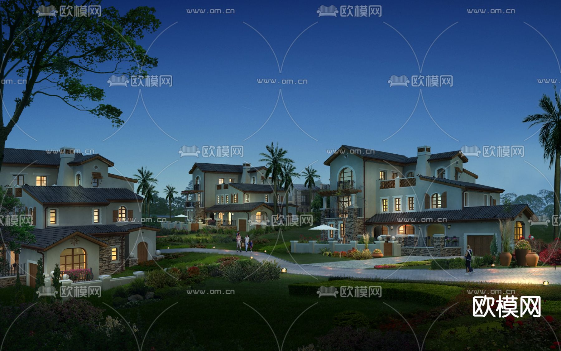 欧式别墅小区夜景psd下载_ID11950920_3dmax免费模型-欧模网