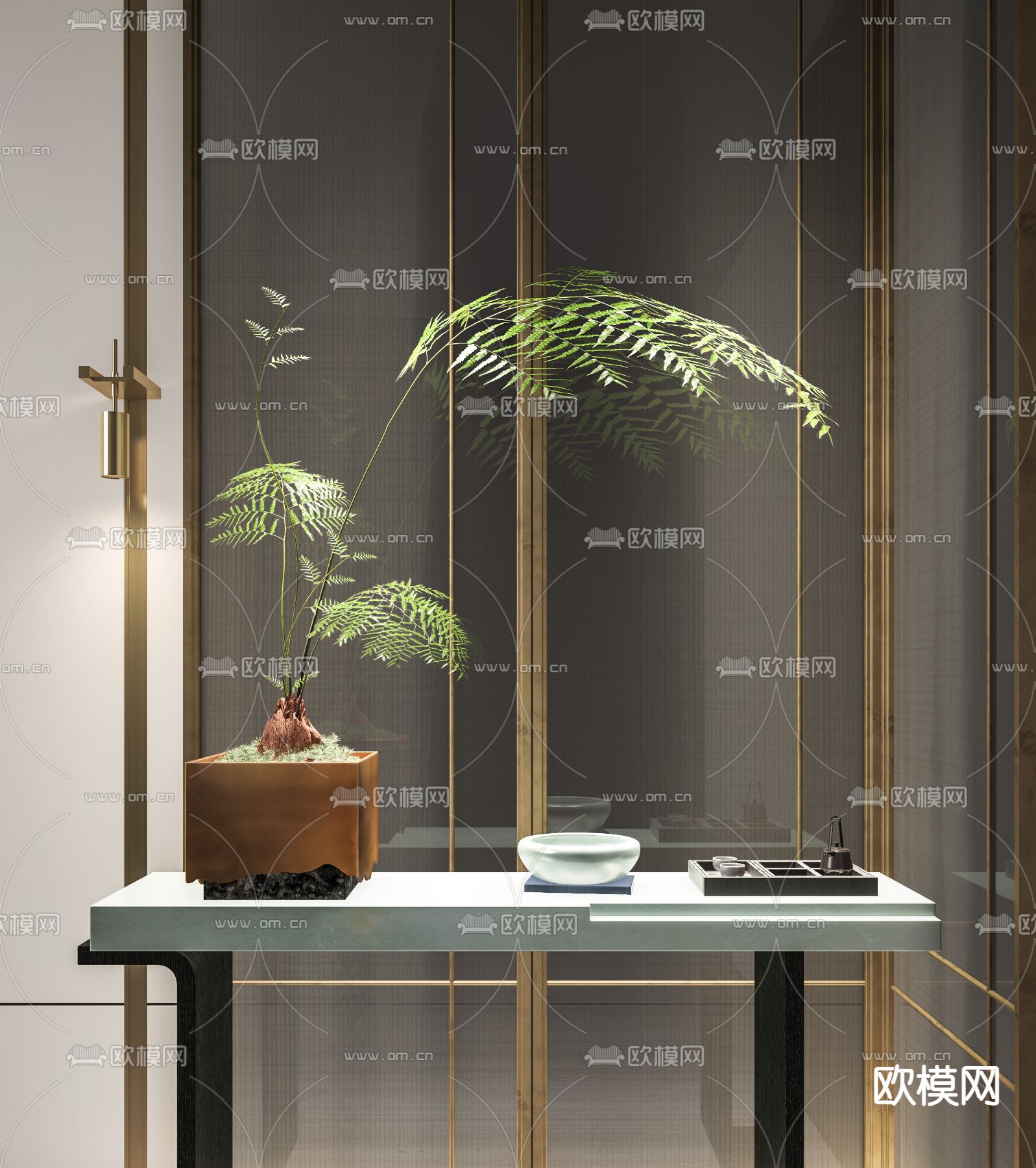 新中式蕨类绿植盆栽3d模型下载（渲染图1）