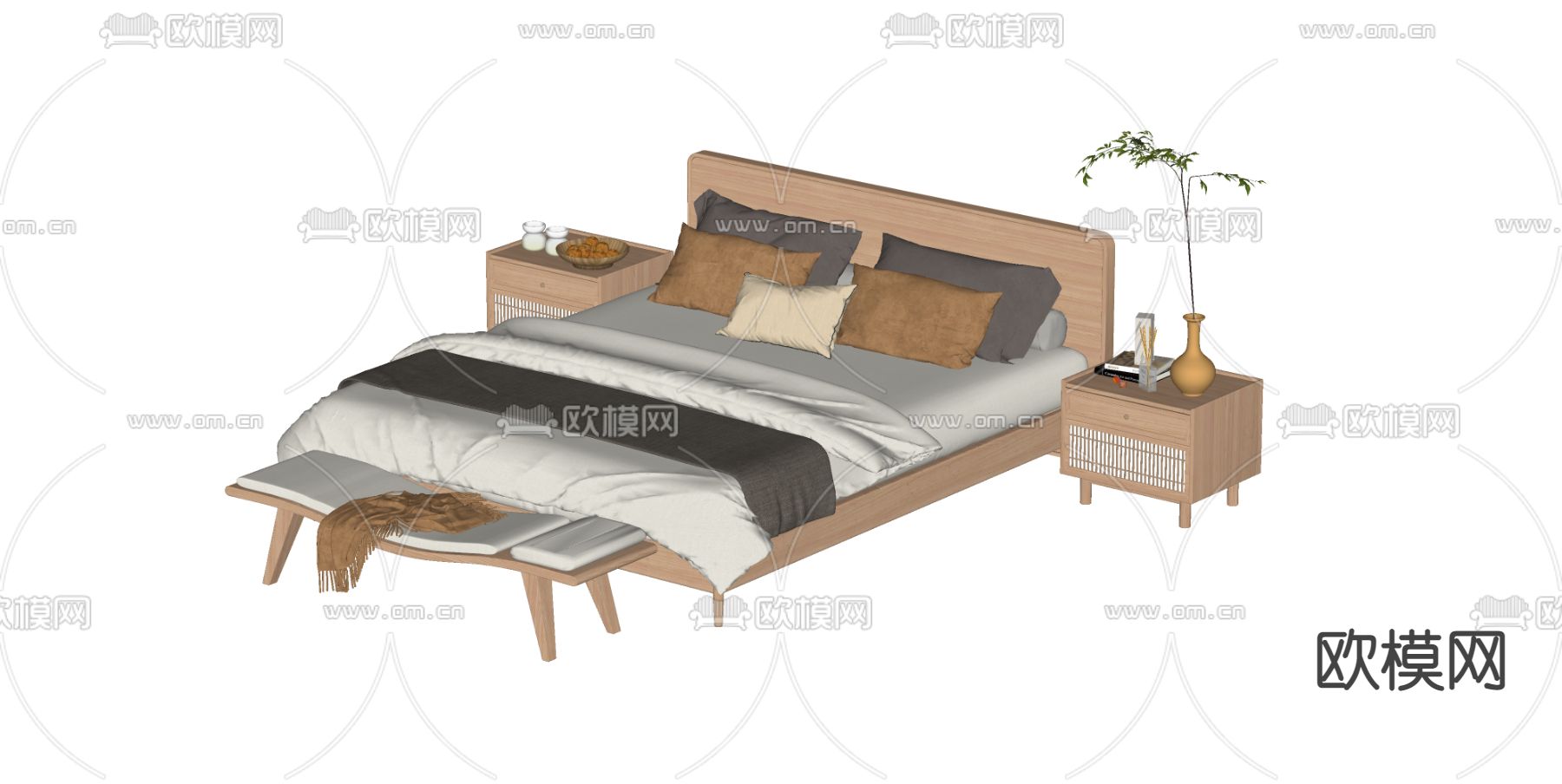 日式双人床su模型下载（渲染图2）