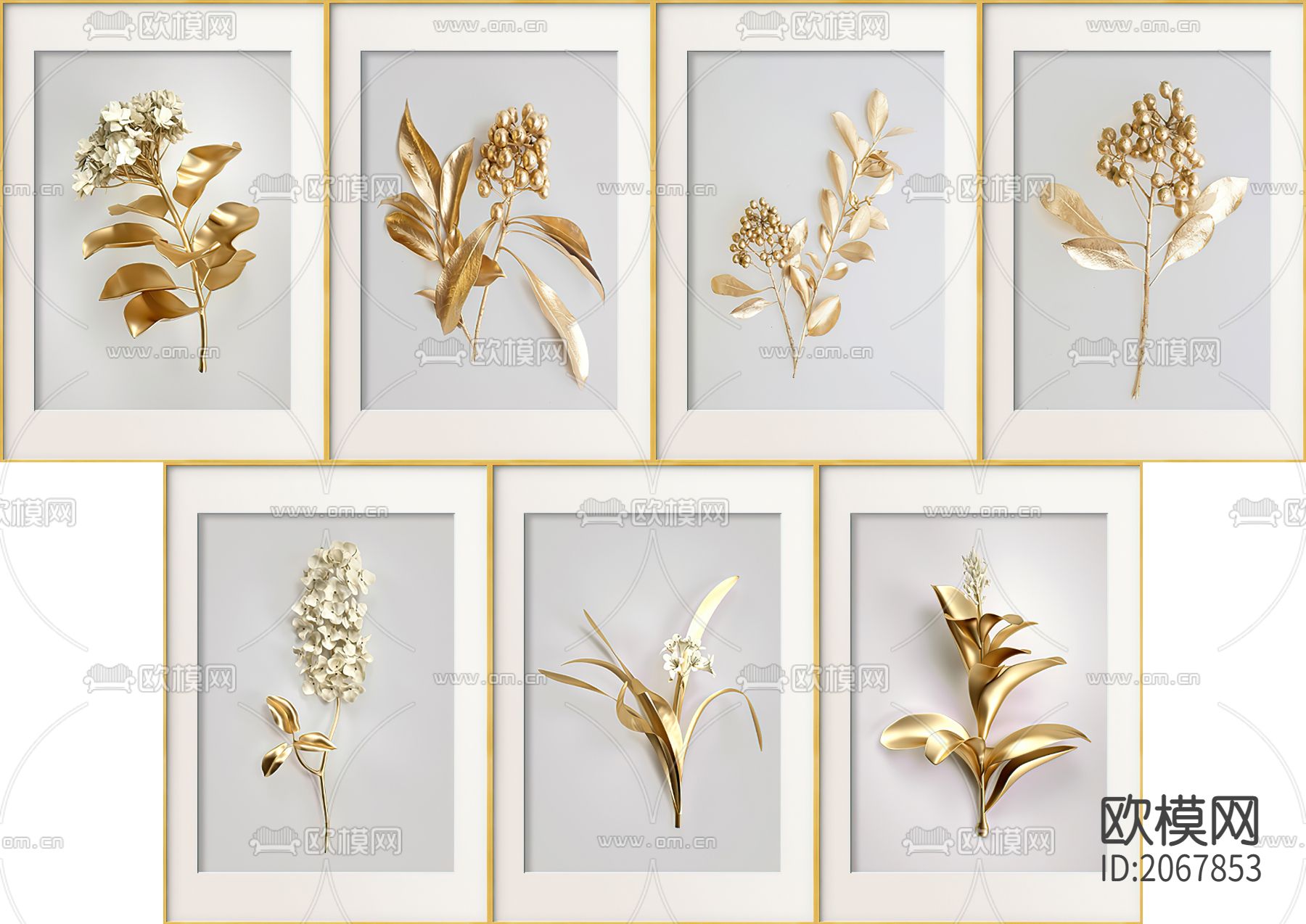 现代金色植物标本装饰画下载