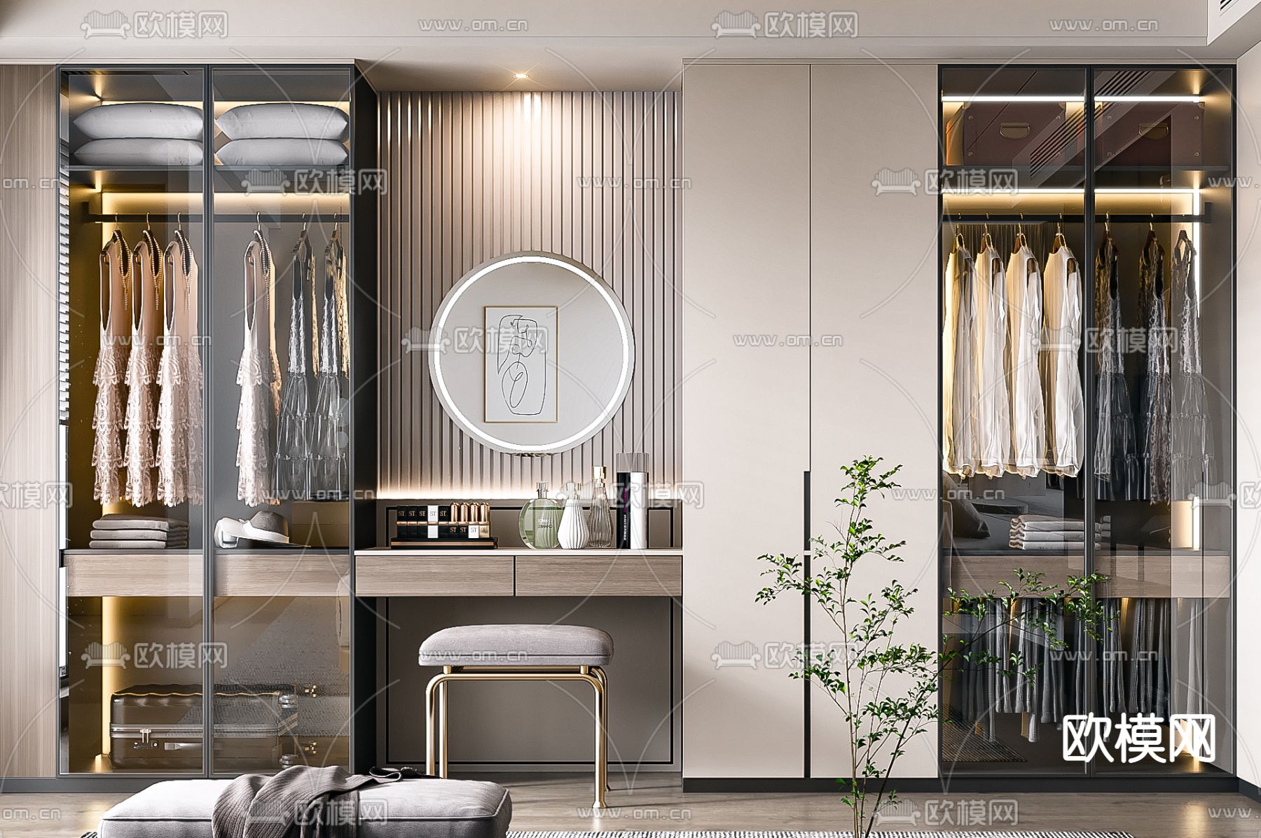 现代轻奢衣帽间3d模型下载（渲染图2）