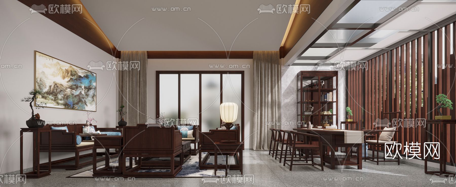 新中式酒店大堂前台免费3d模型下载（渲染图3）