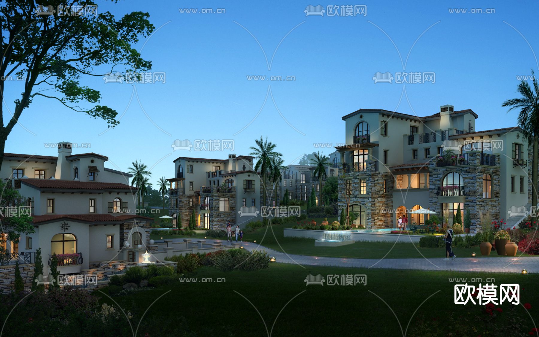 欧式别墅小区夜景psd下载_ID11950951_3dmax免费模型-欧模网