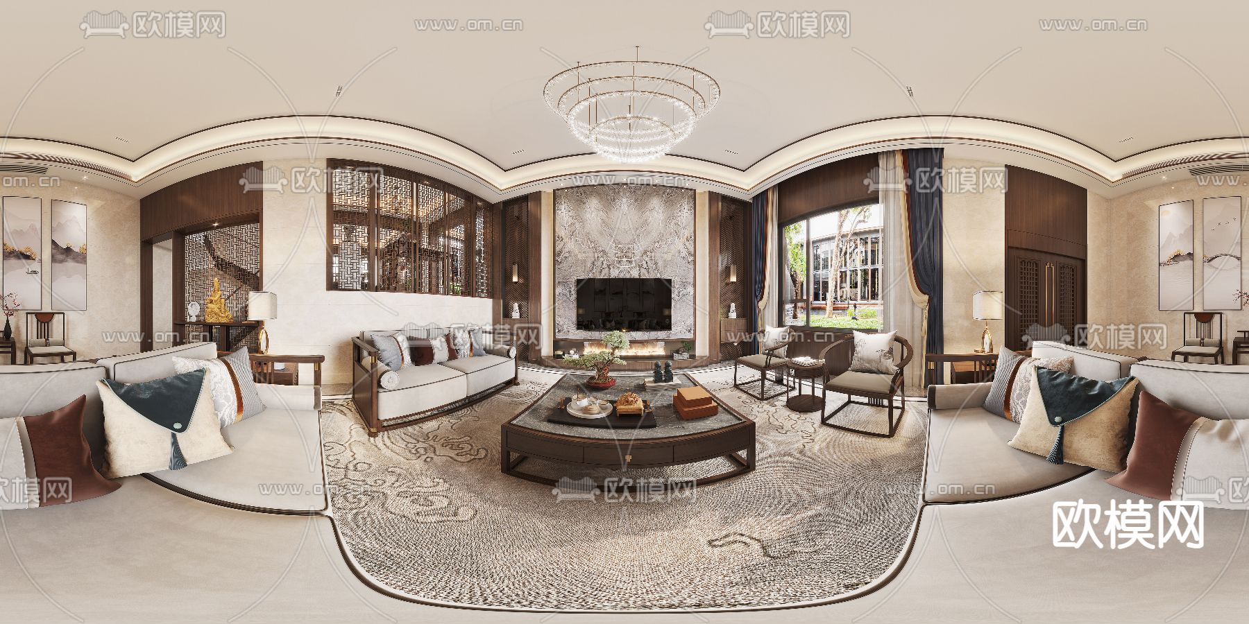 新中式别墅客厅餐厅cr全景3d模型