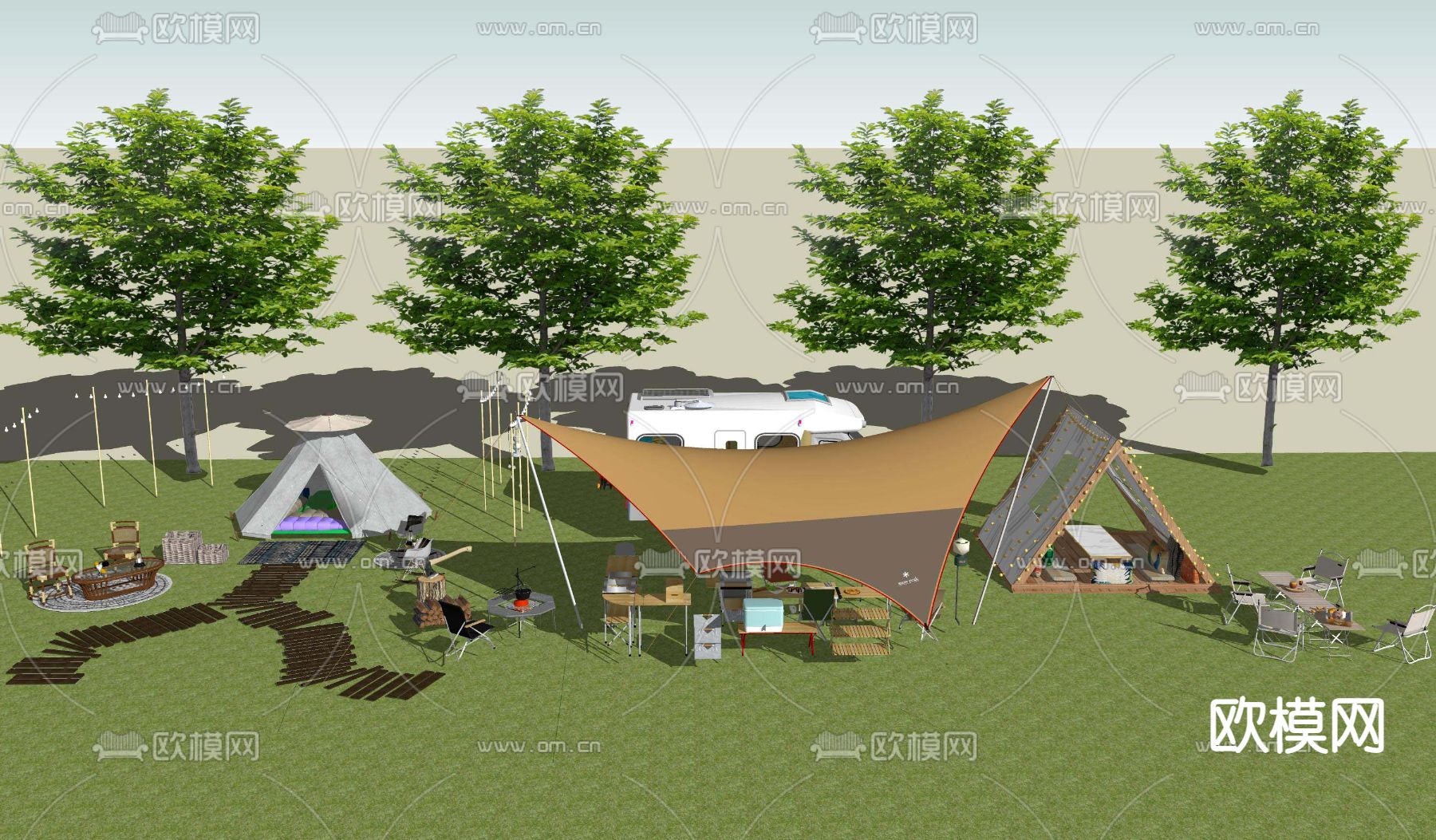 现代户外野营帐篷su模型