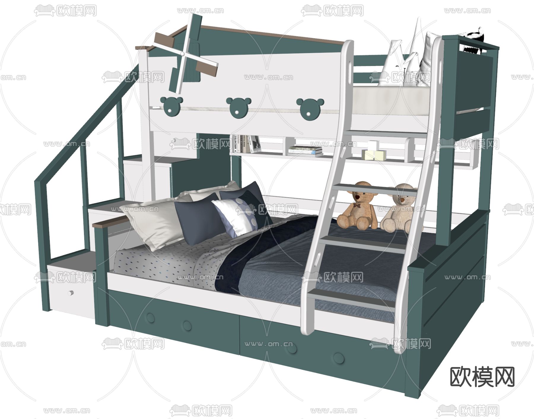 现代上下铺儿童床su模型下载（渲染图2）