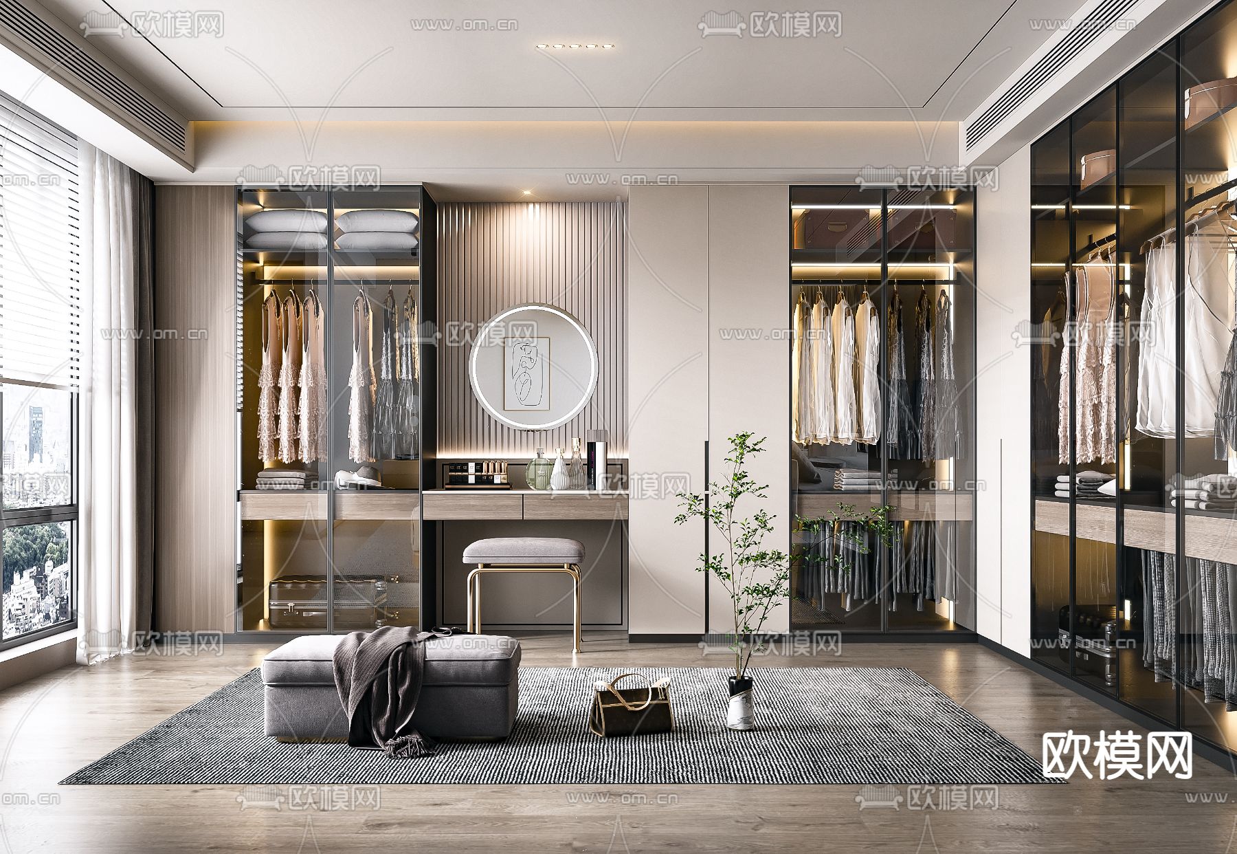 现代轻奢衣帽间3d模型下载（渲染图1）