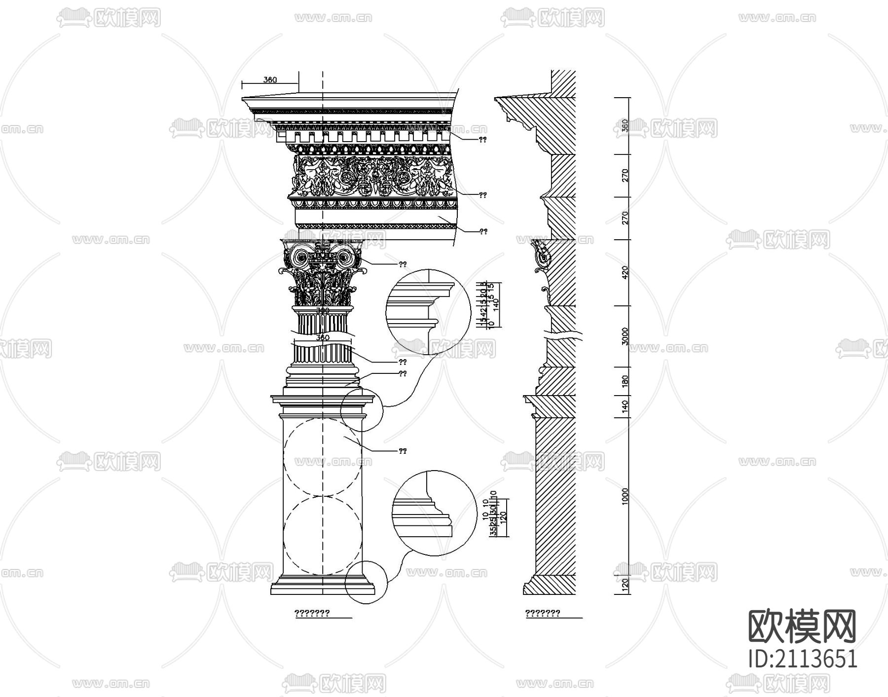 中式柱头cad大样图下载（渲染图1）