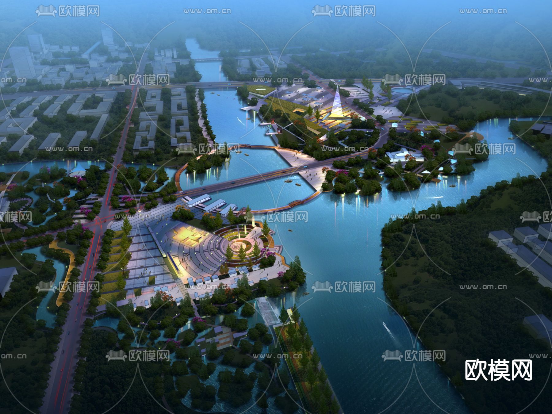 现代滨河公园景观鸟瞰psd下载