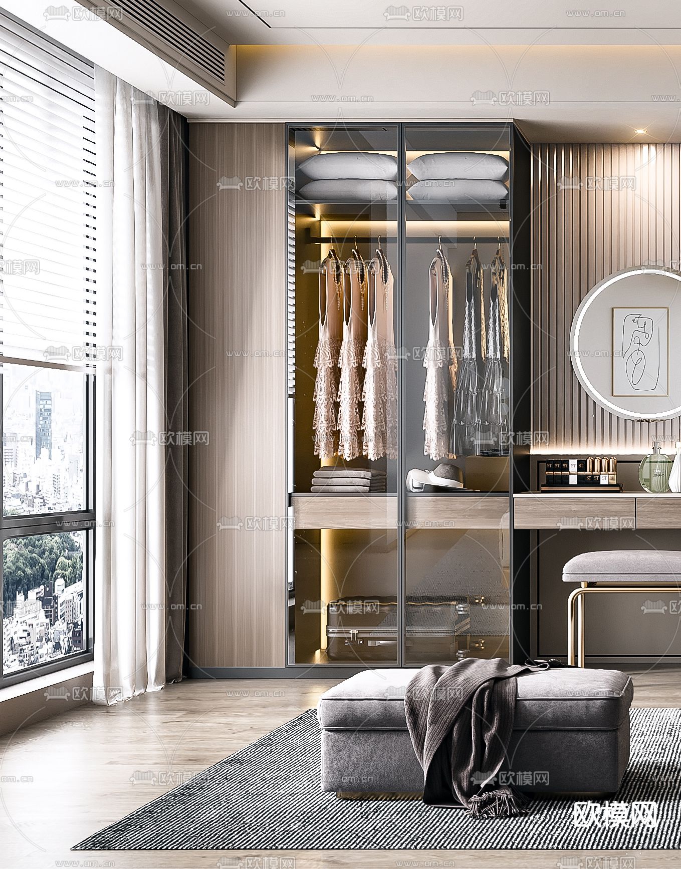 现代轻奢衣帽间3d模型下载（渲染图3）