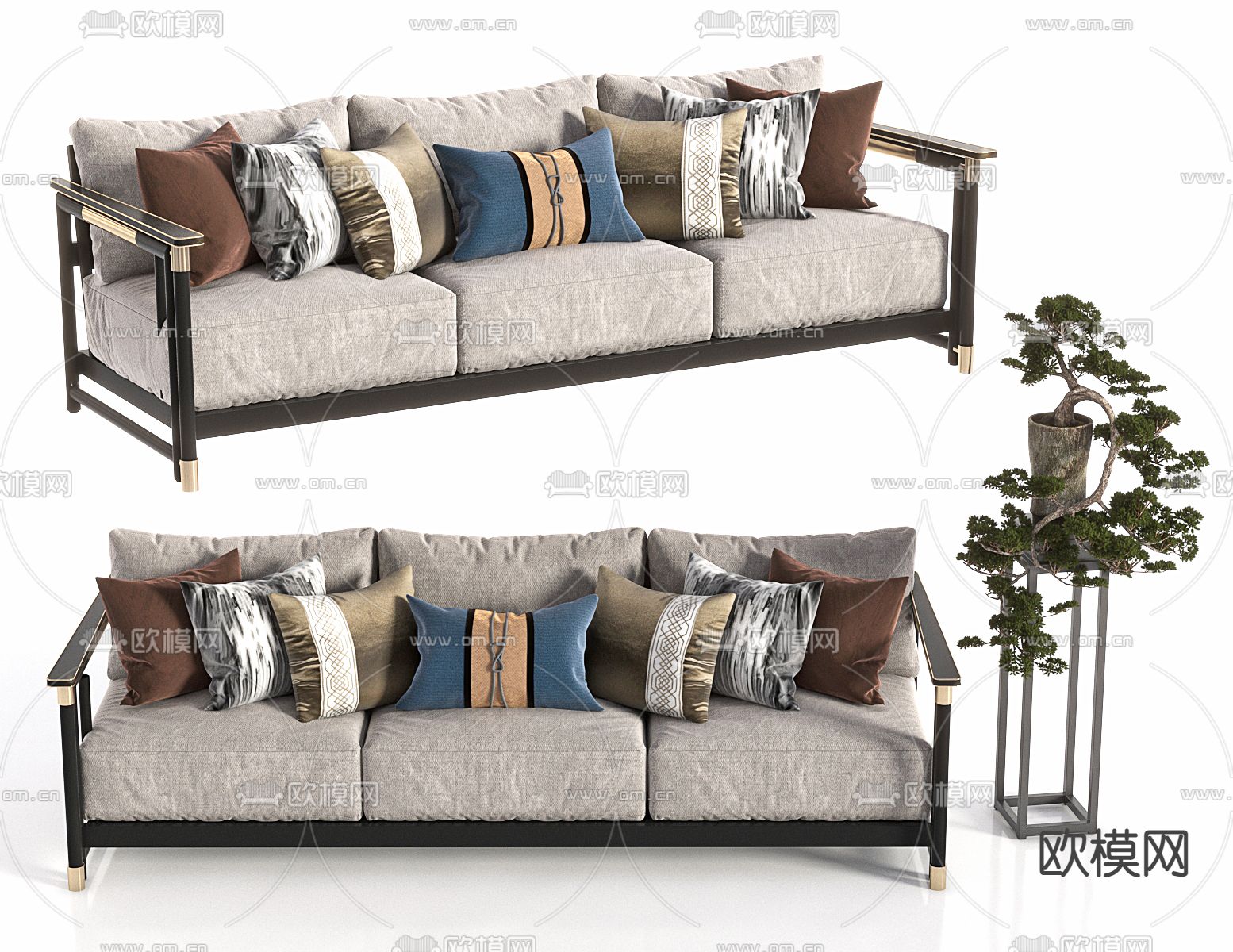 新中式布艺多人沙发su模型下载（渲染图1）