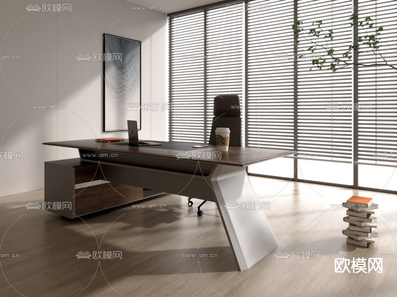 现代大班台桌椅3d模型下载(渲染图1)