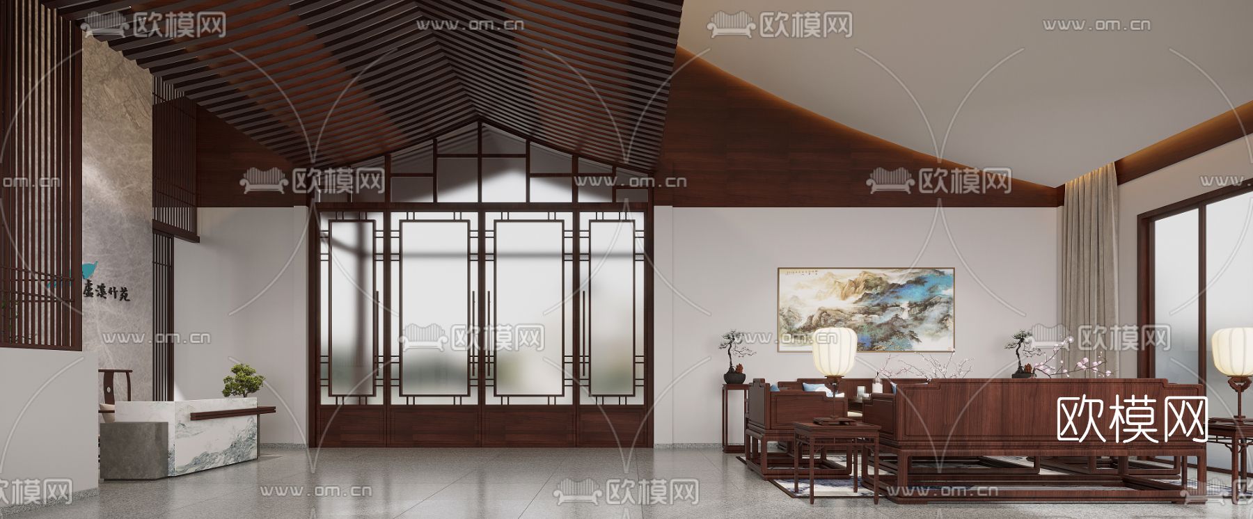 新中式酒店大堂前台免费3d模型下载（渲染图2）