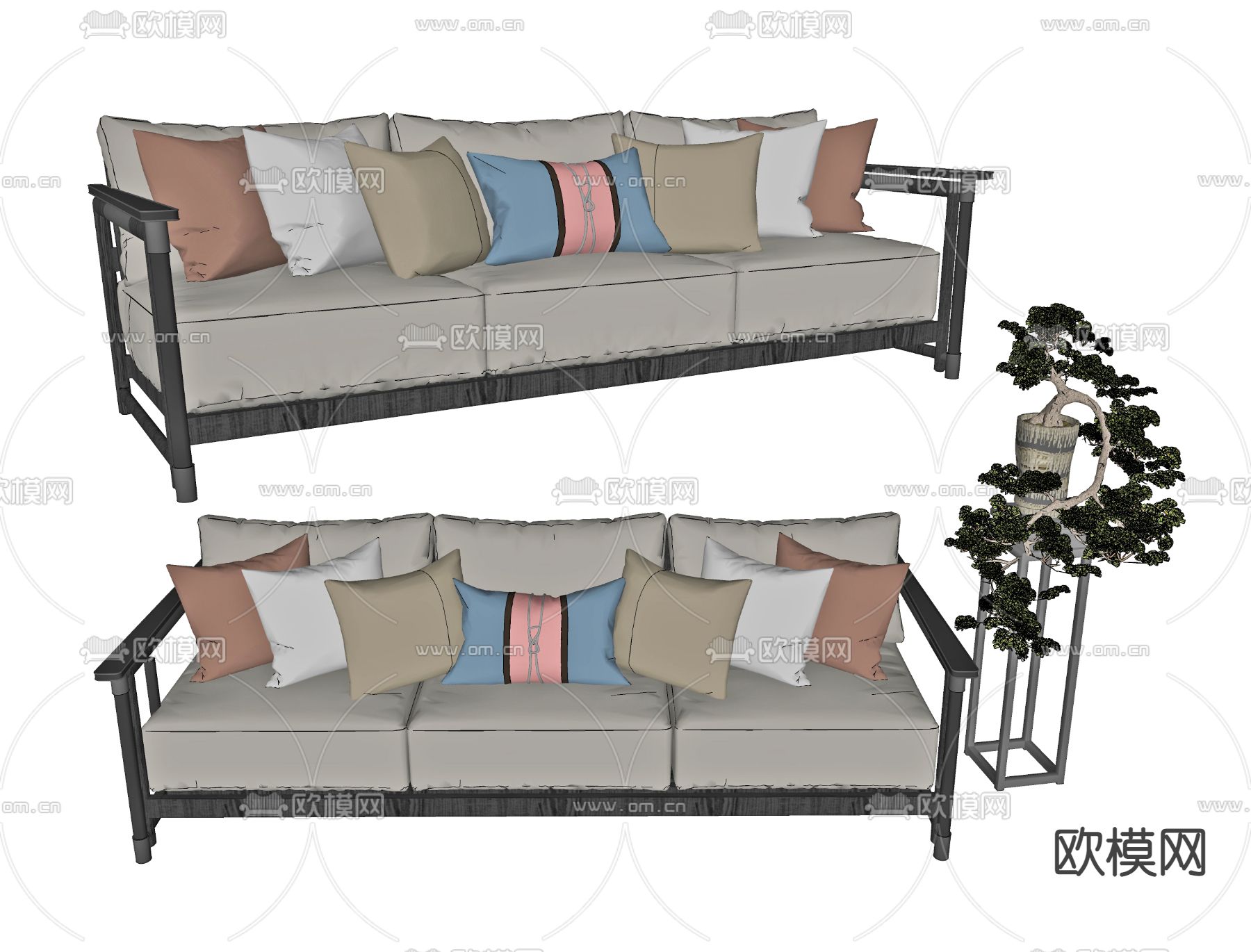 新中式布艺多人沙发su模型下载（渲染图2）