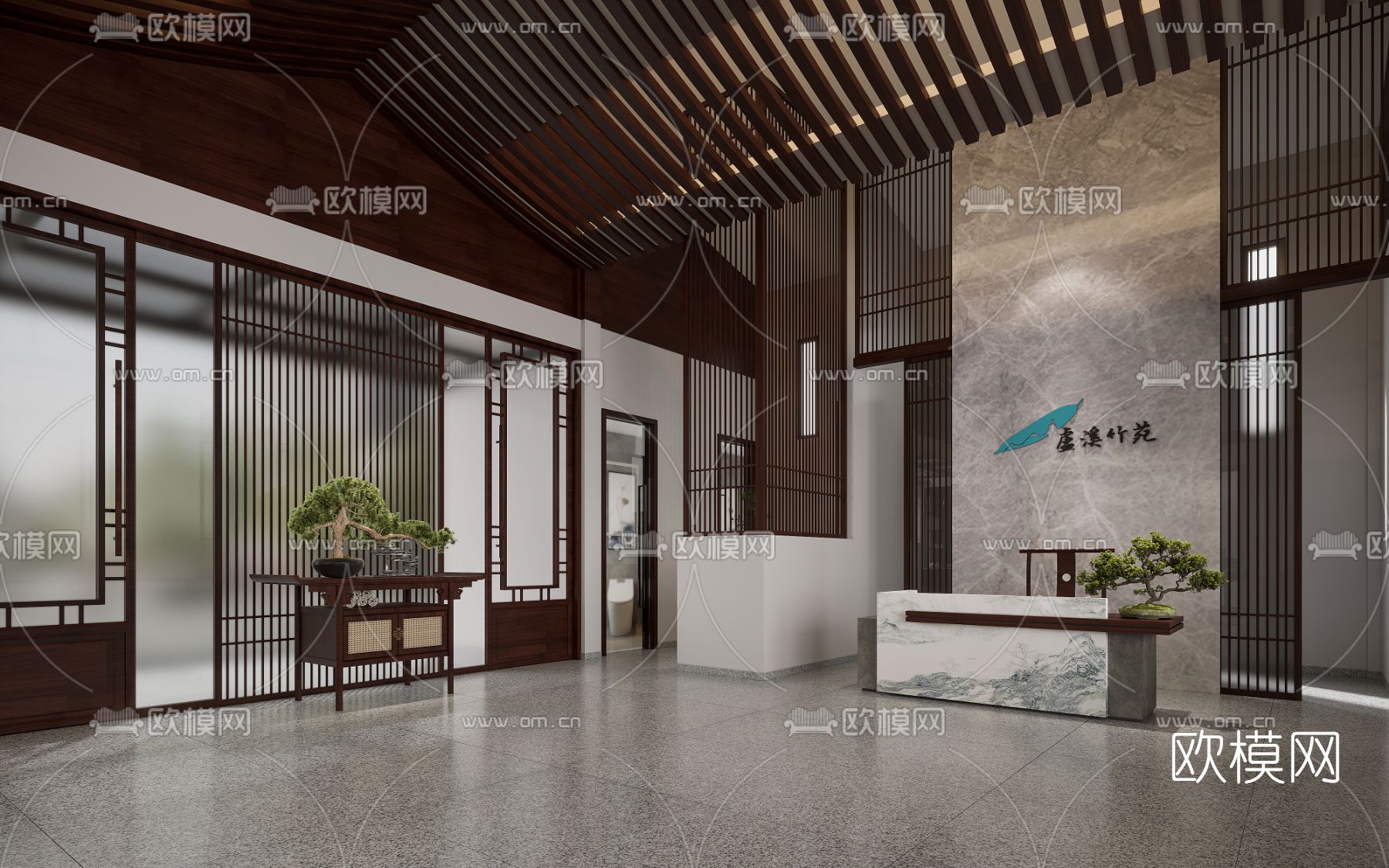 新中式酒店大堂前台免费3d模型下载（渲染图1）