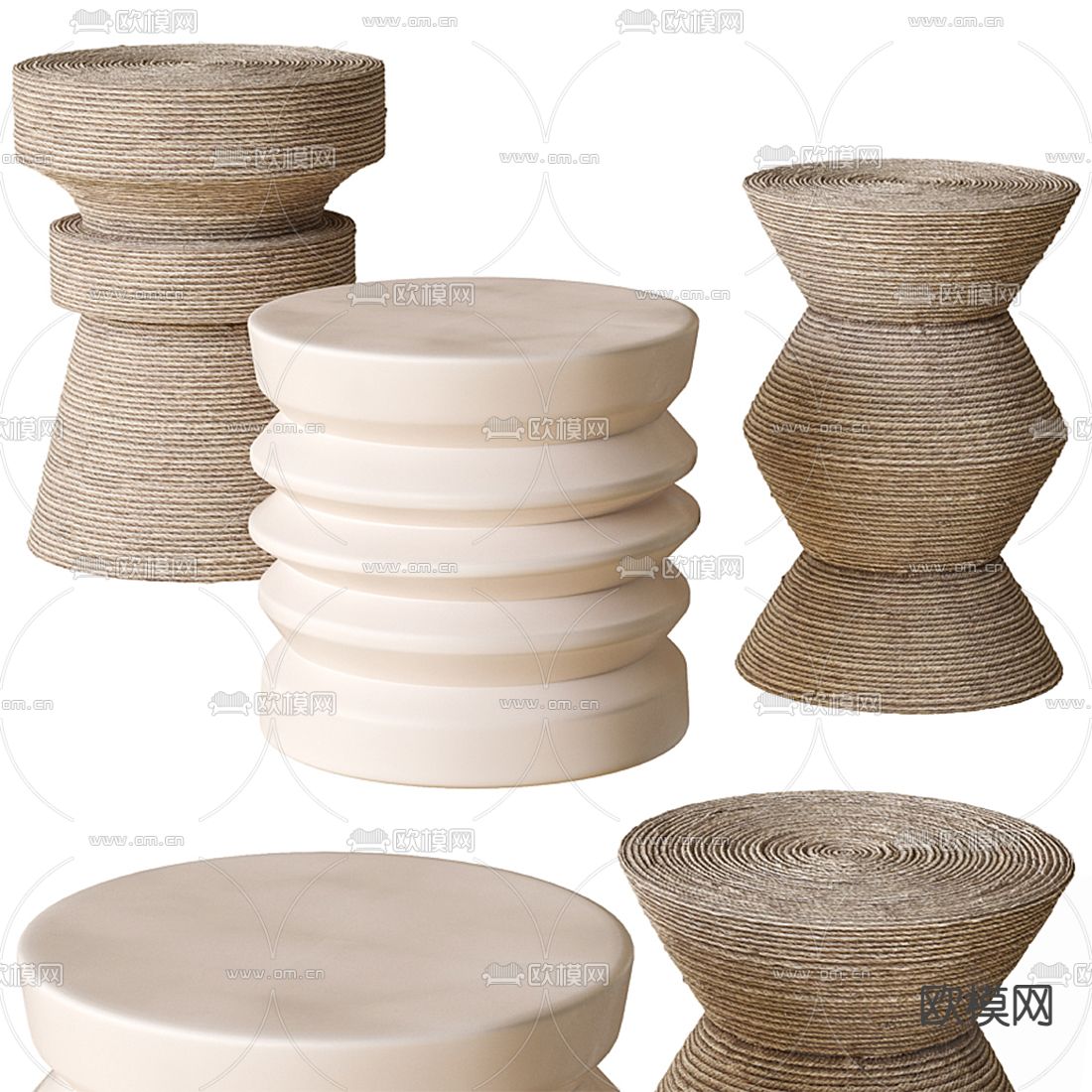 侘寂绳编圆形边几角几3d模型下载（渲染图2）