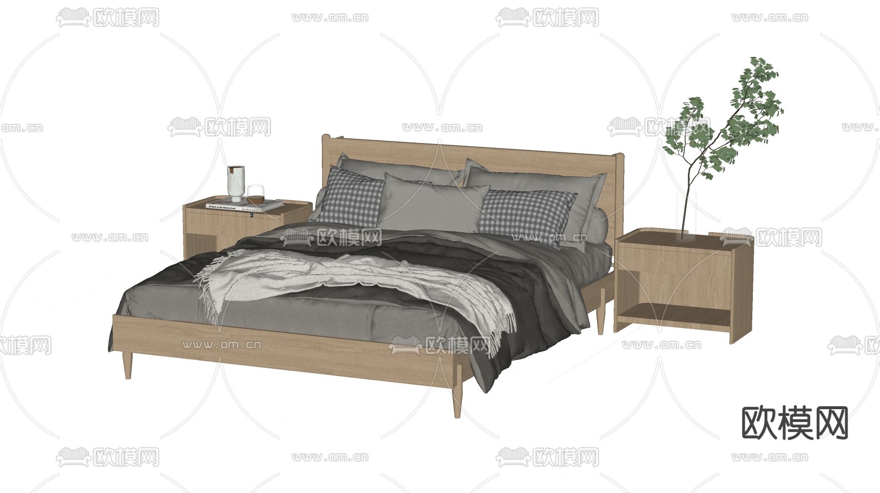 北欧实木双人床su模型下载（渲染图3）