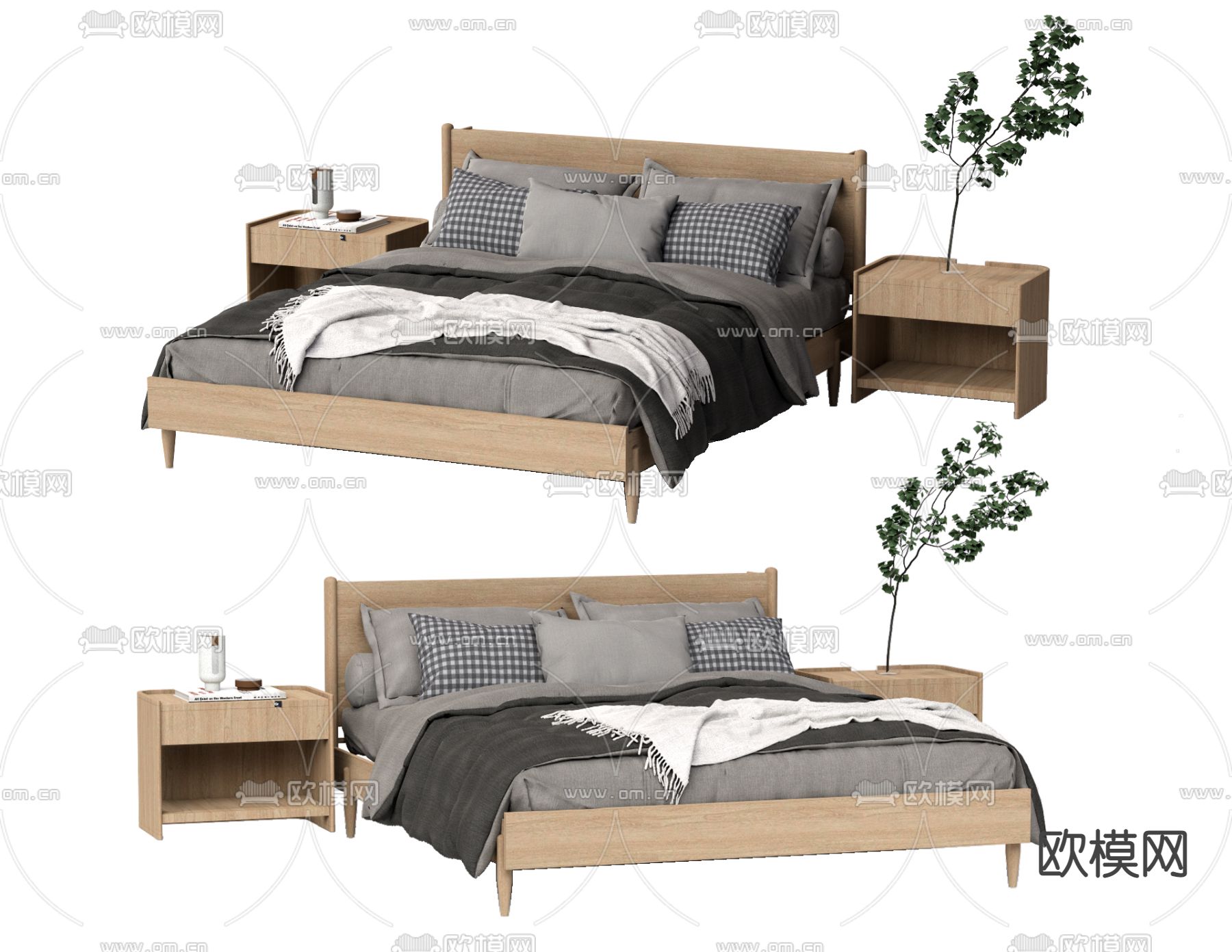 北欧实木双人床su模型下载（渲染图1）