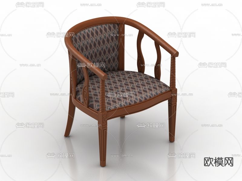 美式复古实木雕花几何花纹休闲椅免费3d模型下载